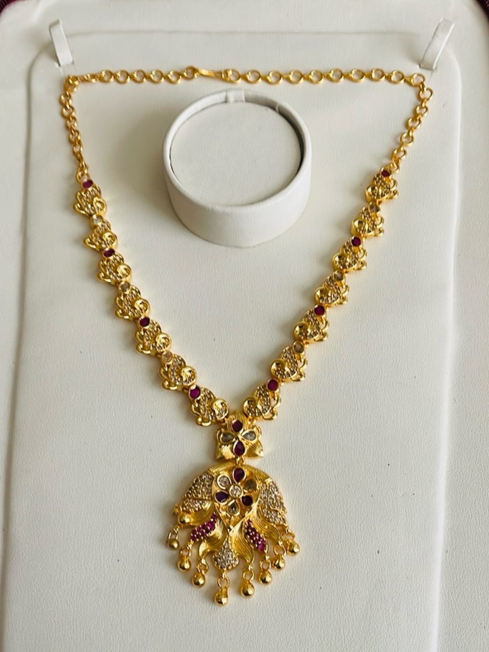 Gold-Tone Women's Necklace with Ruby-Accent Pendant